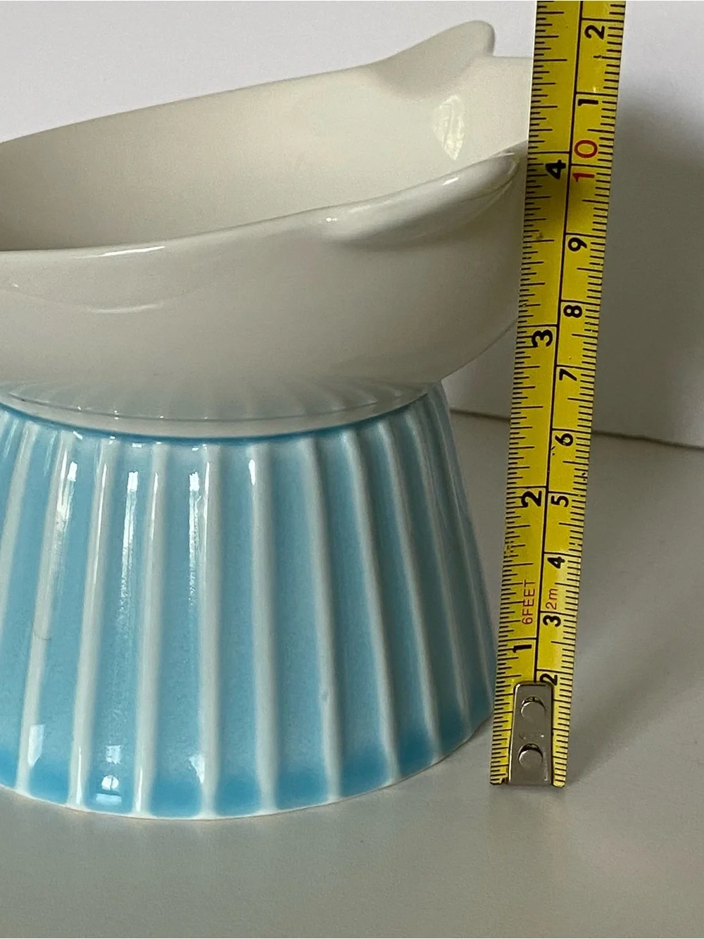 Raised Cat Food Bowl Pedestal Face Ears White Aqua Porcelain Water Dish Ceramic